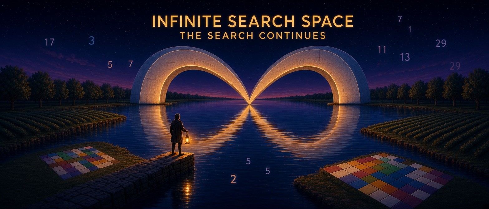 Poster: two glowing stone arches rise from a lake at night, the top half of an infinity symbol, and their reflection in the rippling water completes it. A lone explorer with a lantern stands on a stone jetty, between orchards and fields of coloured puzzle tiles. Title: Infinite Search Space, the search continues.